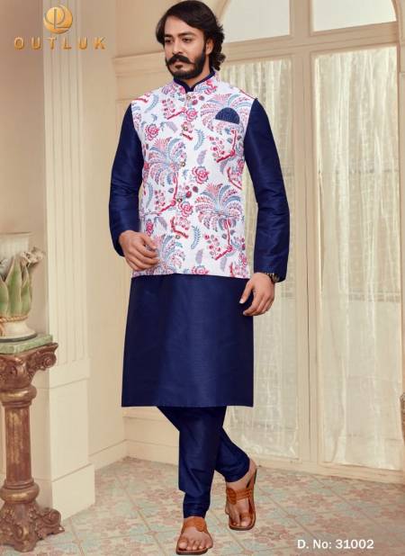 Blue And White Colour Exclusive Festive Wear Art Silk Digital Printed Kurta Pajama With Jacket Mens Collection 31002
